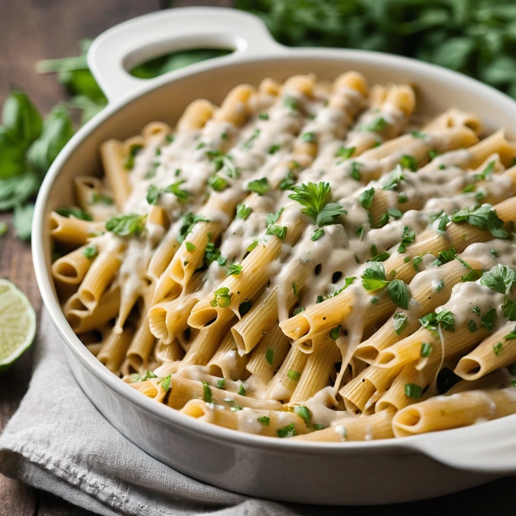 Baked pasta shells in a creamy orange sauce, topped with melted cheese and green onions.