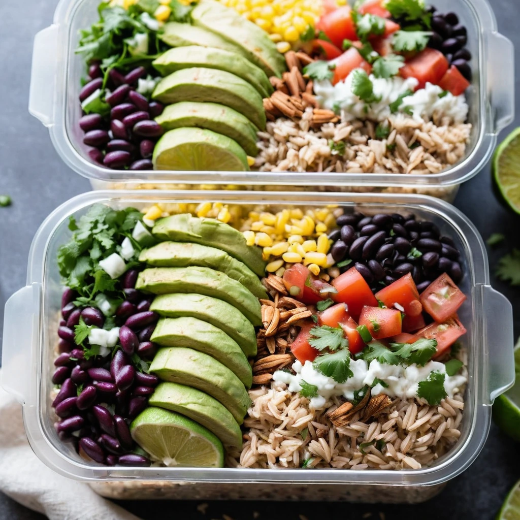 Colorful meal prep bowls with shredded chicken, rice, beans, and pico de gallo in earthy tones.