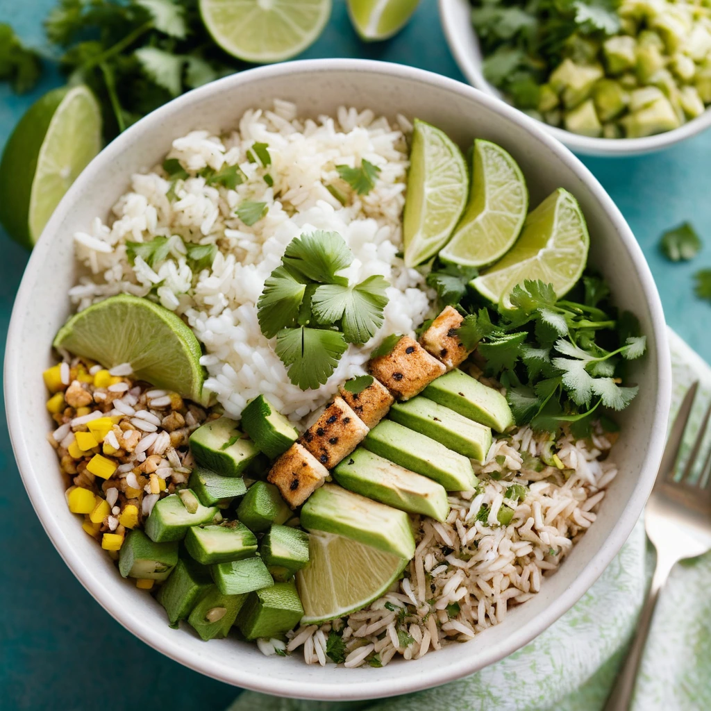 Colorful bowl with white fish, lime wedges, green cilantro, and diced avocado over rice and beans.