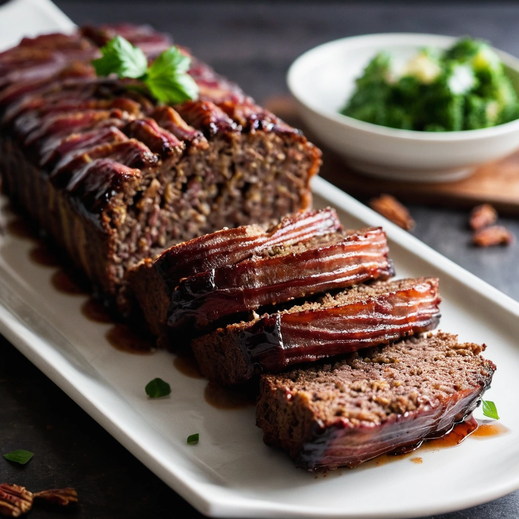 Browned meatloaf wrapped in crispy bacon slices, drizzled with a glossy chipotle maple glaze on a rustic serving platter.