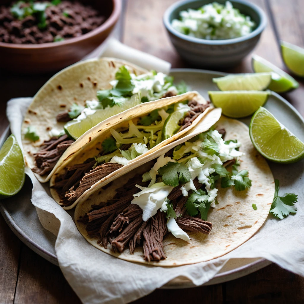 Soft corn tortillas filled with shredded beef, garnished with cilantro and lime wedges on a rustic wooden board.