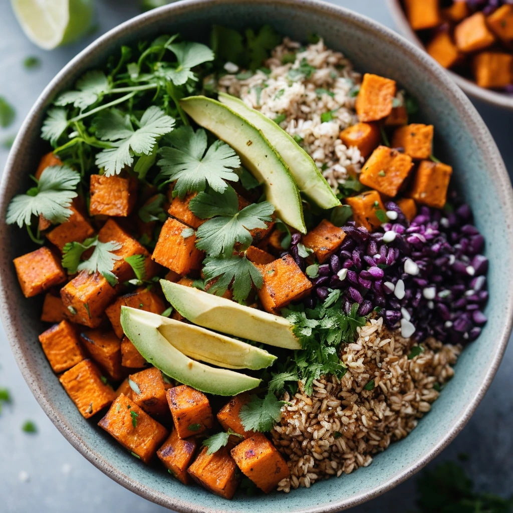 Colorful grain bowl with roasted orange sweet potato cubes, fluffy quinoa, and green cilantro