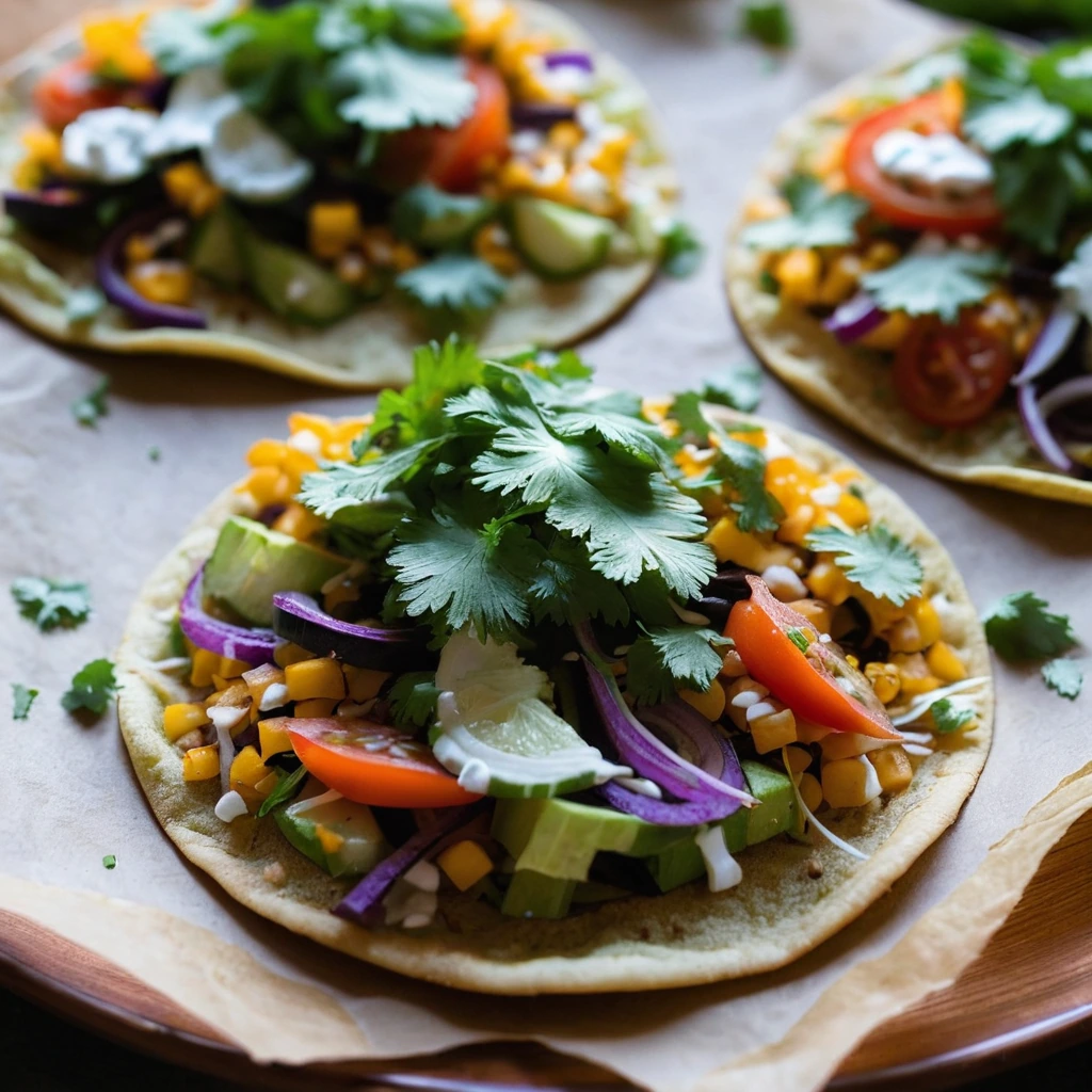 Colorful roasted vegetables atop golden tostadas with a sprinkle of fresh cilantro