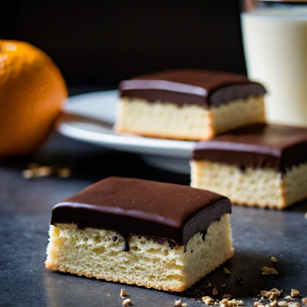 Golden shortbread squares with edges dipped in dark chocolate and sprinkled with orange zest.