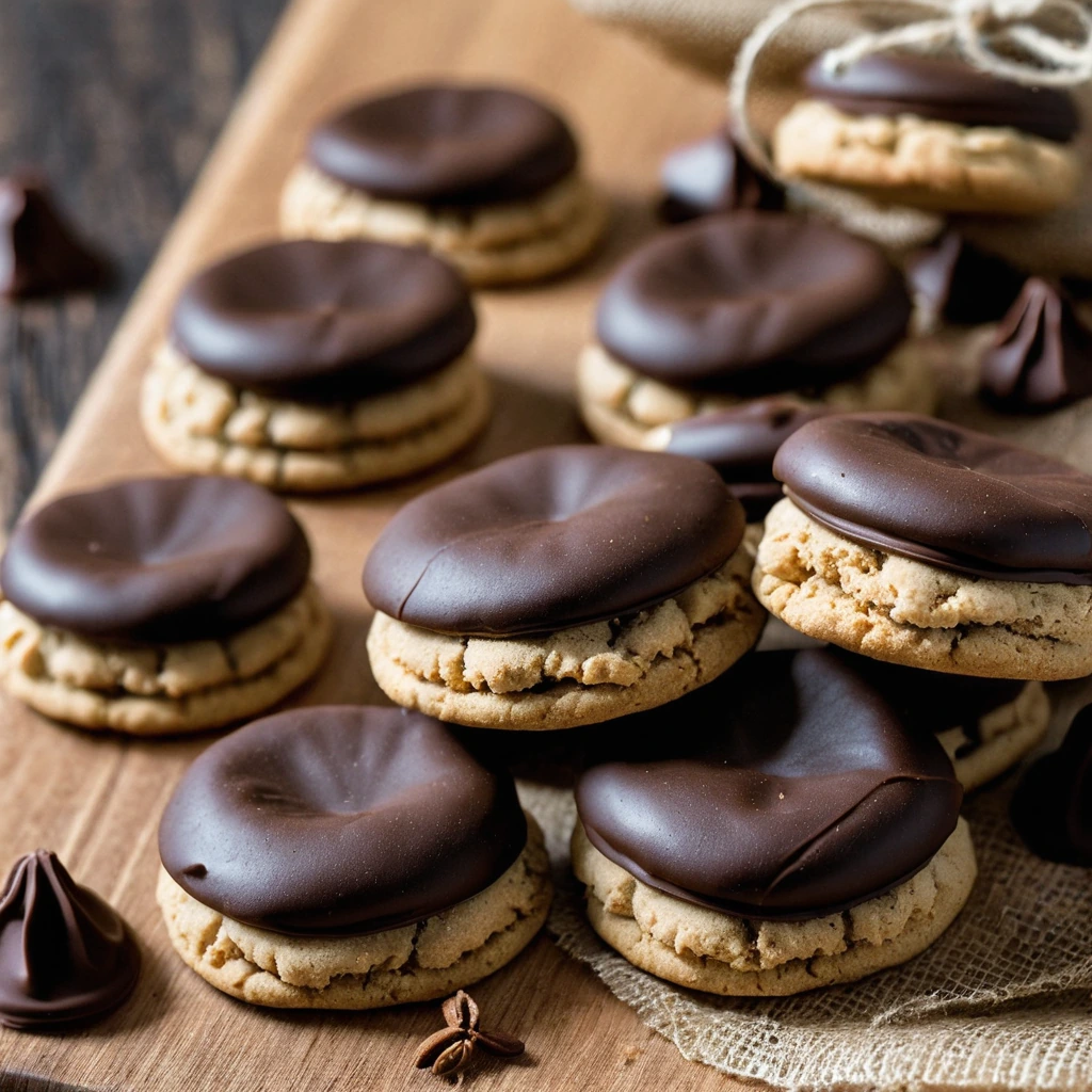 Golden brown cookies with dark chocolate coating on top, resting on a rustic wooden board.