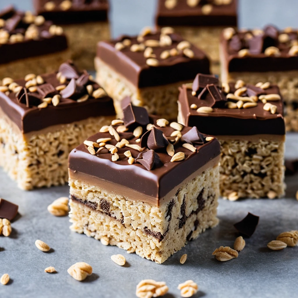 Golden rice krispie treats dipped in dark chocolate with swirls of peanut butter on top
