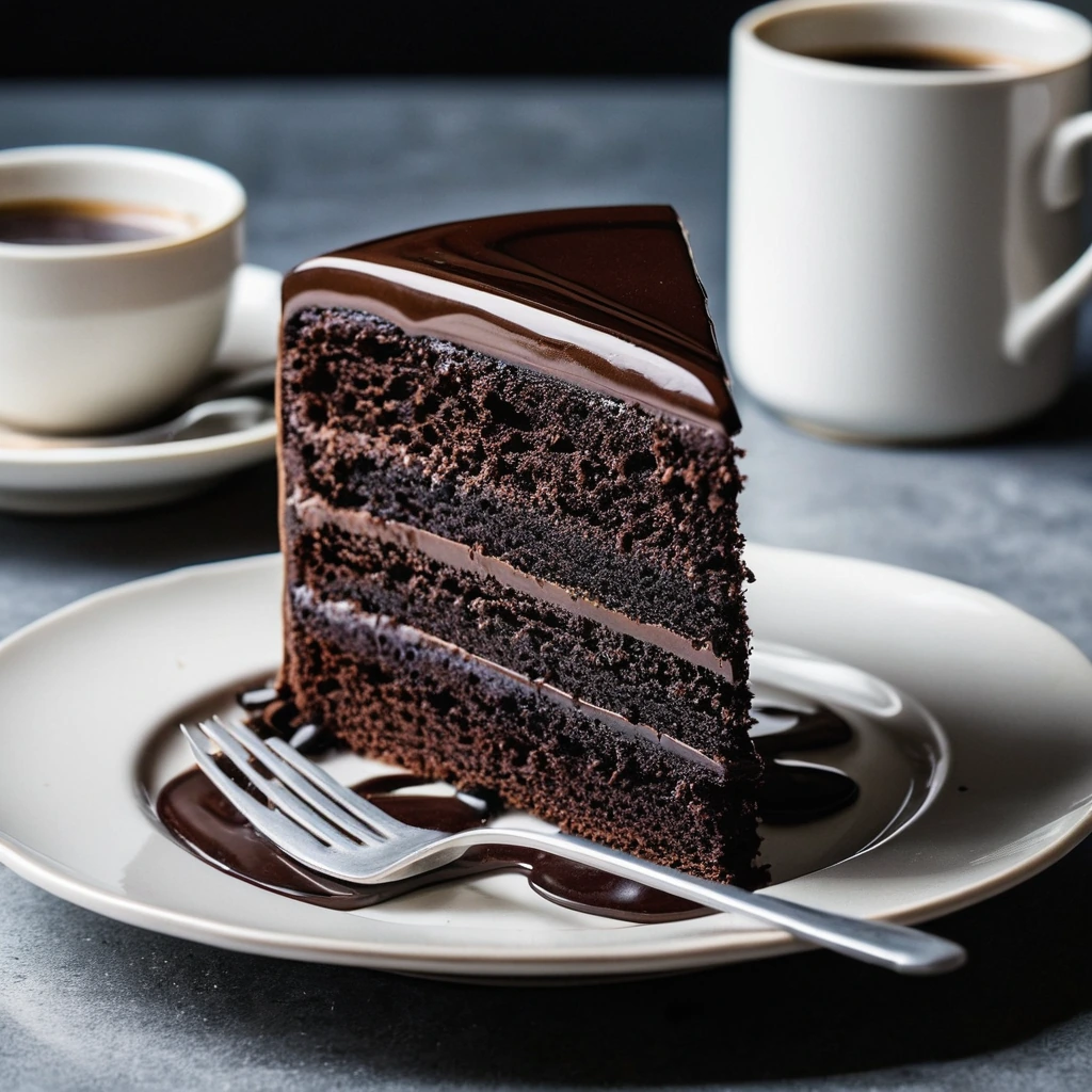Slice of dark chocolate cake with a shiny ganache drizzle on a white plate.