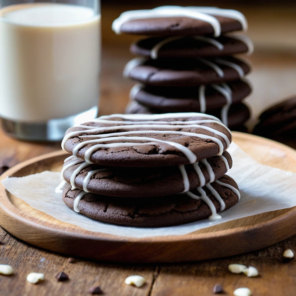 Golden brown chocolate cookies with a smooth white glaze, arranged on a rustic wooden board.