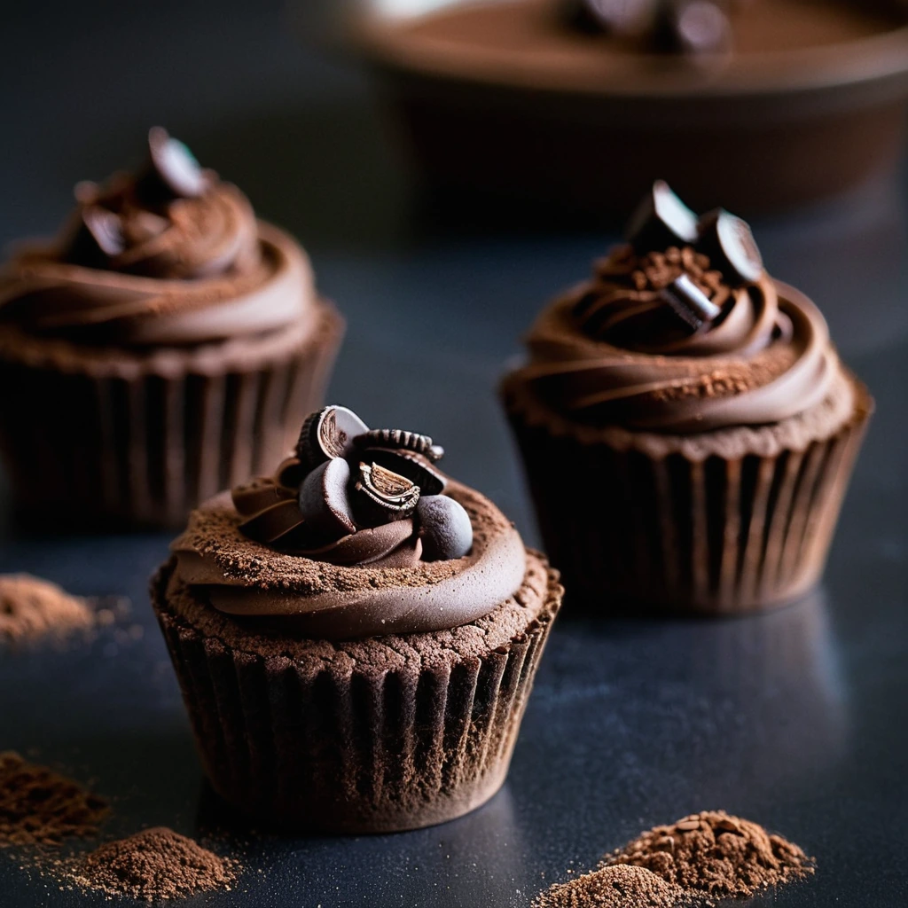Rich brown chocolate cups filled with dark chocolate mousse, dusted with cocoa powder.