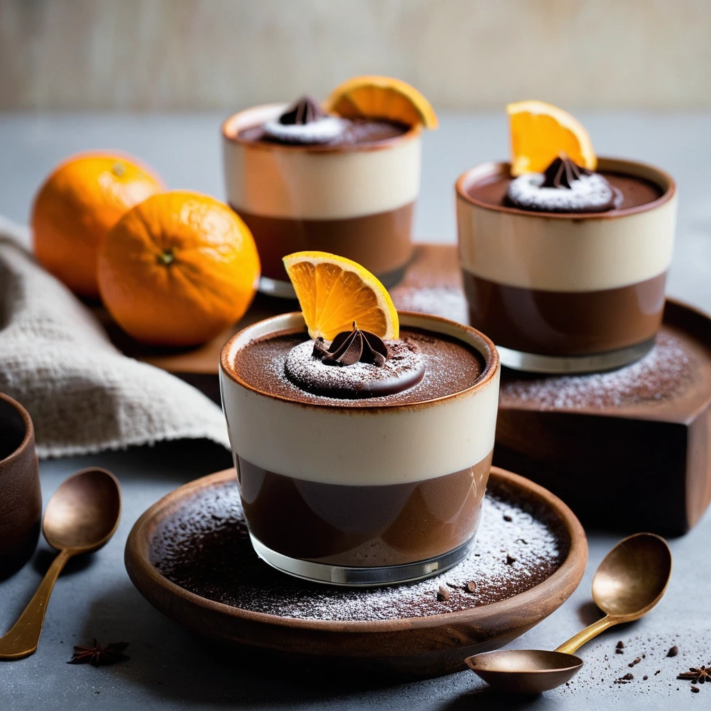 Six small dishes with dark chocolate custard topped with orange zest and a dusting of cocoa powder