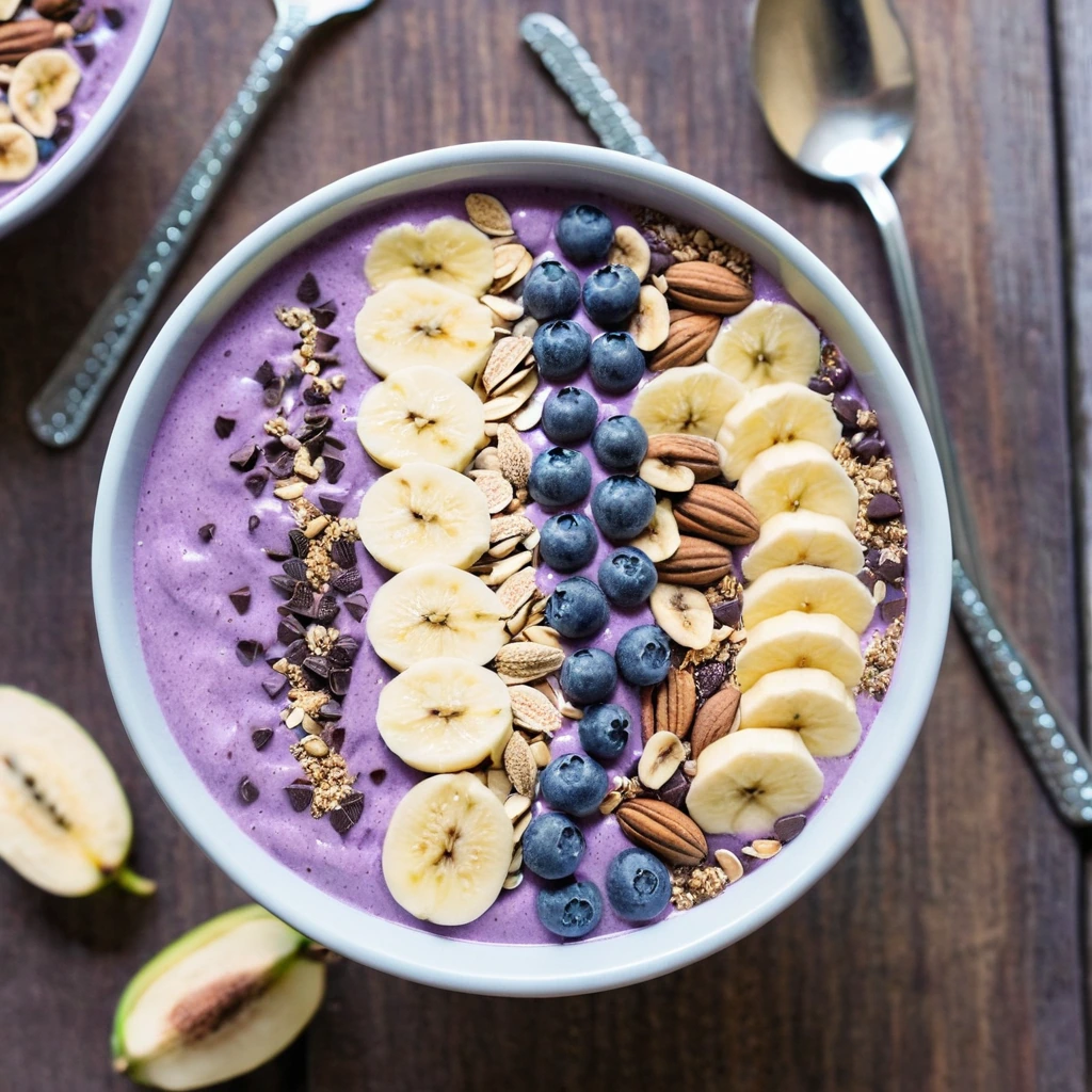 A vibrant purple bowl filled with thick chocolate peanut butter smoothie topped with banana slices, granola, and chia seeds.