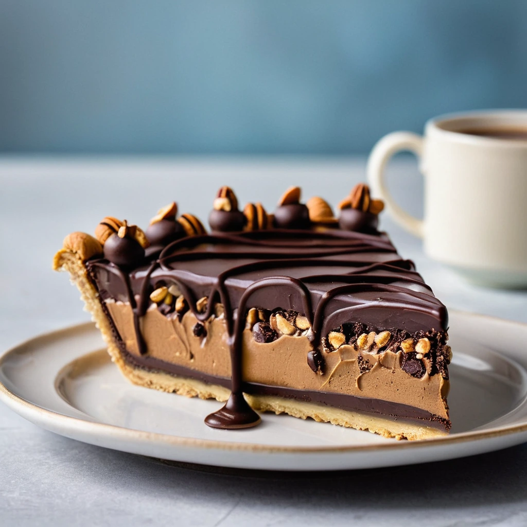 A slice of pie with a golden pretzel crust, topped with smooth peanut butter and drizzled with dark chocolate.