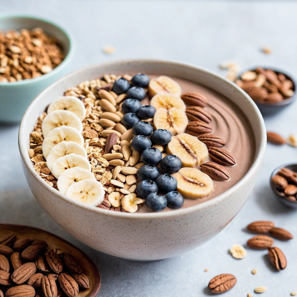 Thick chocolate peanut butter smoothie in a bowl topped with granola and banana slices.