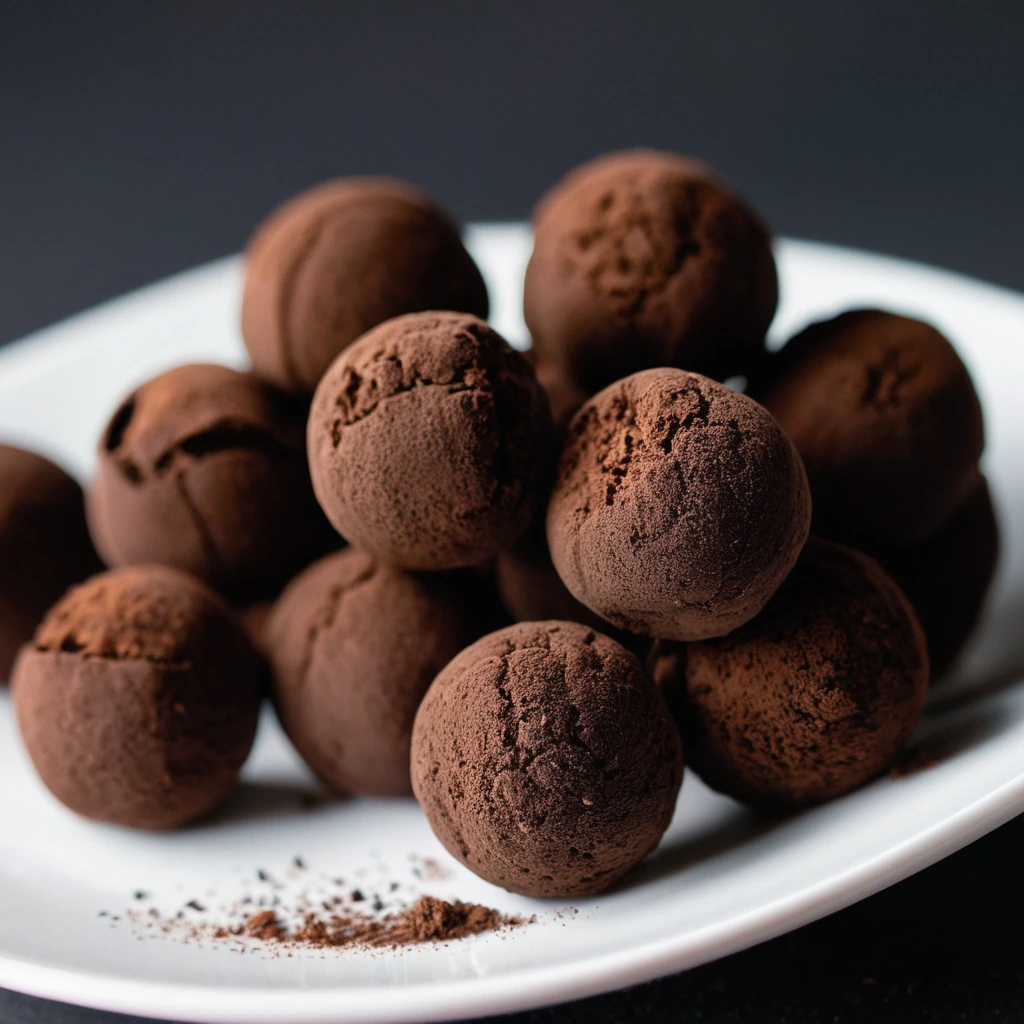 Dark brown truffles dusted with cocoa powder arranged on a white plate.