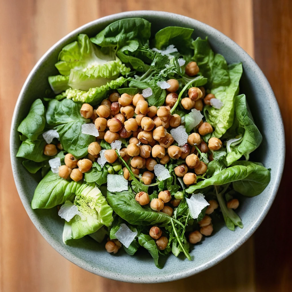 Colorful chopped romaine salad with golden crispy chickpeas in a bowl, garnished with fresh herbs.