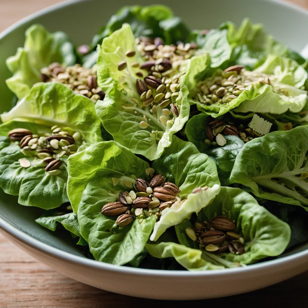 Bowl of chopped green romaine salad with a sprinkle of golden toasted seeds and a drizzle of vinaigrette.