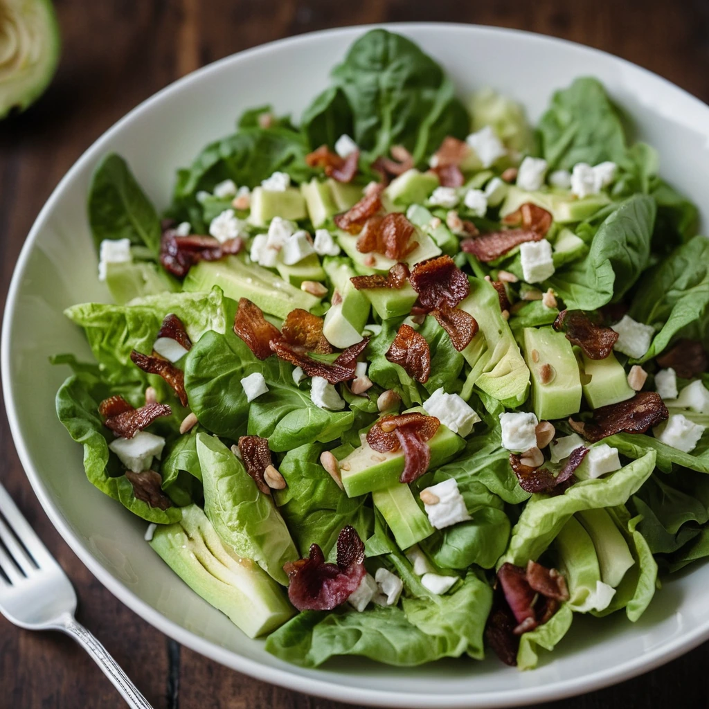 Vibrant chopped romaine salad in a white bowl with crispy bacon bits and drizzled golden vinaigrette.