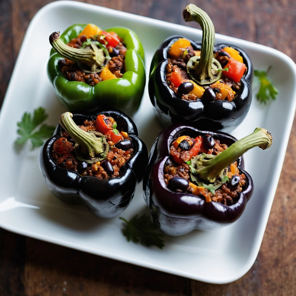 Baked bell peppers stuffed with a vibrant mixture of chorizo and black beans, topped with melted cheese, sitting on a serving platter.