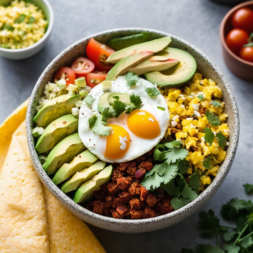 A colorful bowl with golden rice, crumbled spicy chorizo, sunny-side-up eggs, diced tomatoes, and creamy avocado slices.