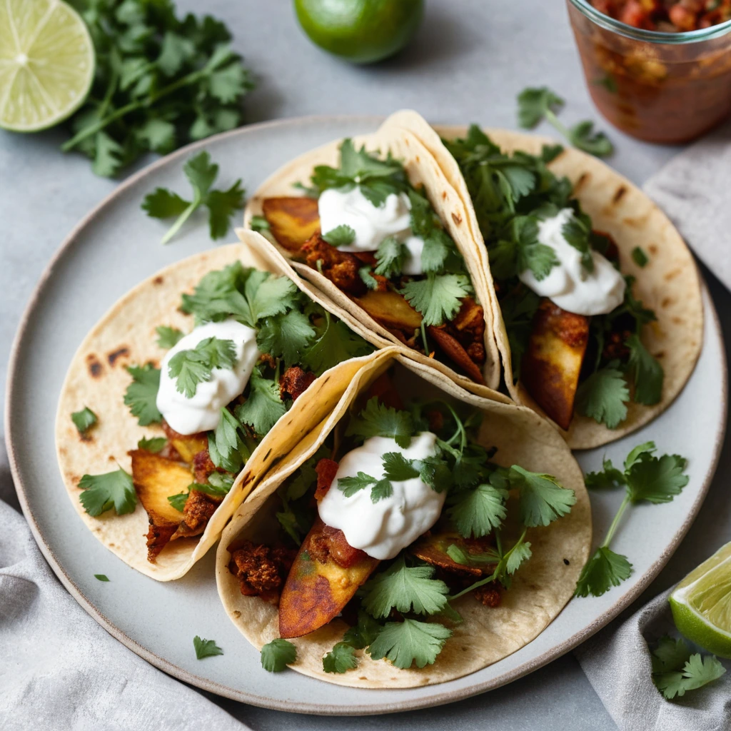 Golden brown tortillas filled with crispy potatoes and vibrant chorizo, garnished with fresh cilantro and a squeeze of lime.