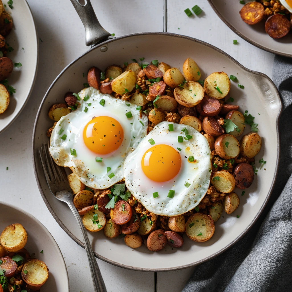 Sizzling skillet of golden hash with crumbled chorizo and two sunny-side-up eggs on top, sprinkled with fresh chives.