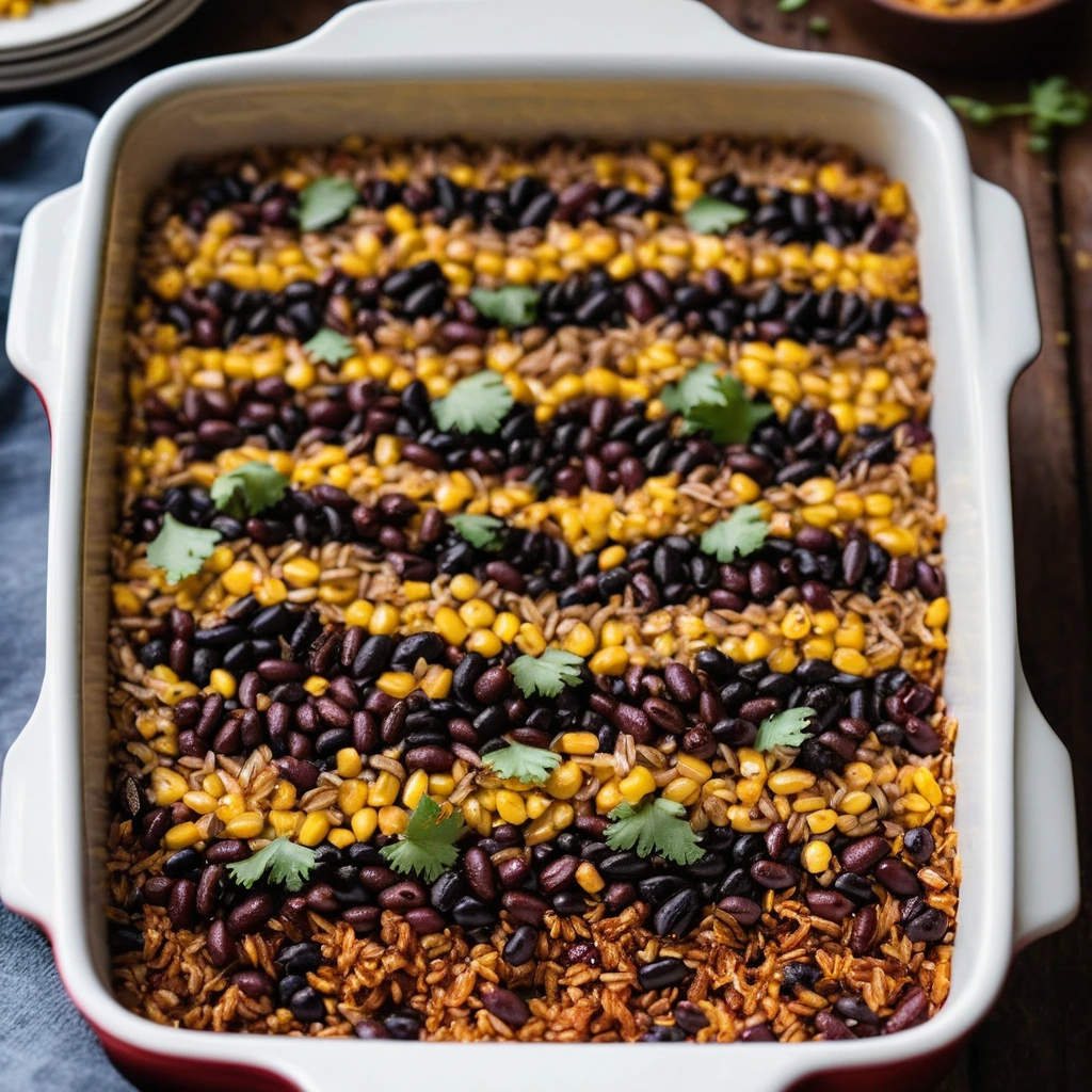 Baked casserole in a rectangular dish with golden rice, red chorizo pieces, yellow corn, and black beans, topped with melted cheese.