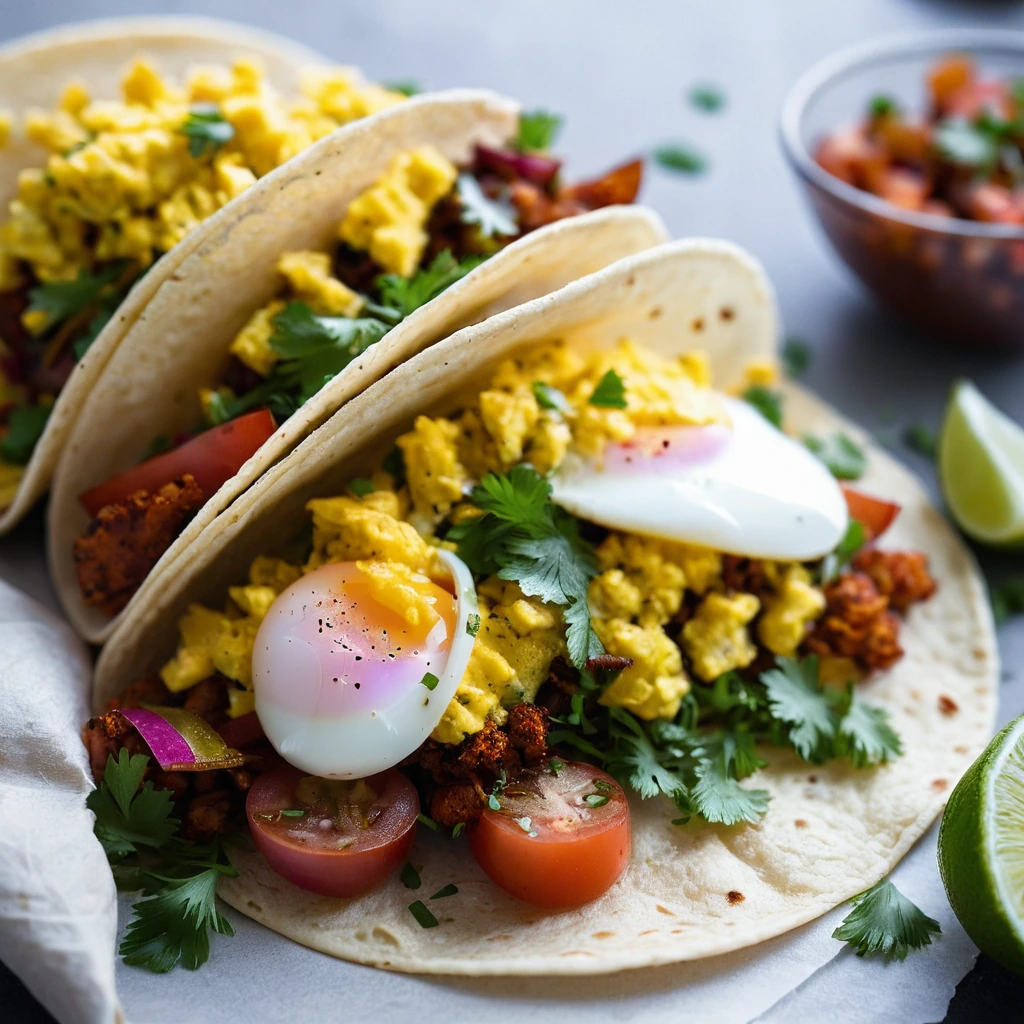 Golden brown tacos filled with a colorful mix of red chorizo, diced potatoes, and scrambled eggs, garnished with fresh cilantro.