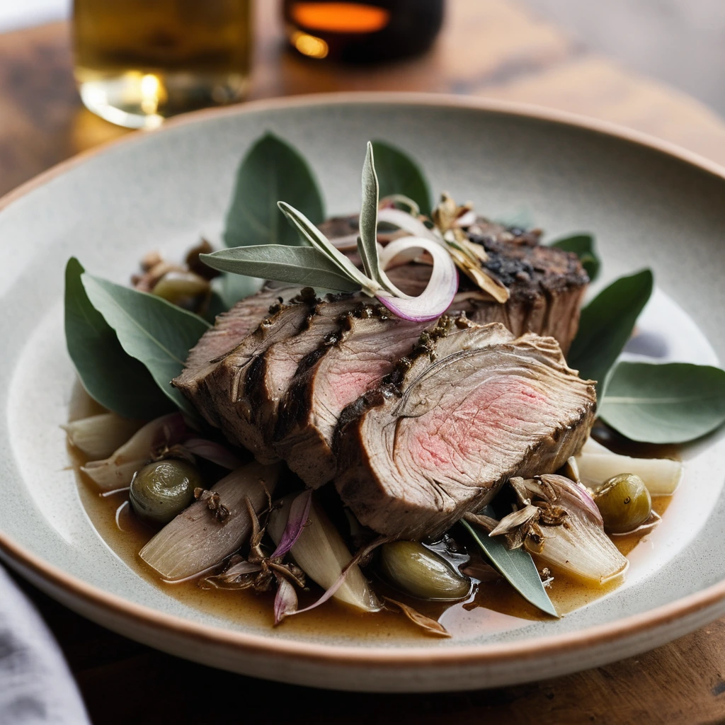 Shiny golden brown pork shoulder on a platter surrounded by caramelized onions and fresh sage leaves.