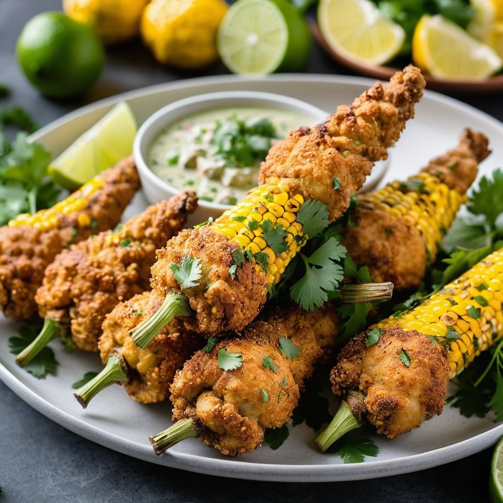 Platter of golden brown chicken drumsticks nestled among vibrant yellow corn rounds, sprinkled with fresh cilantro.