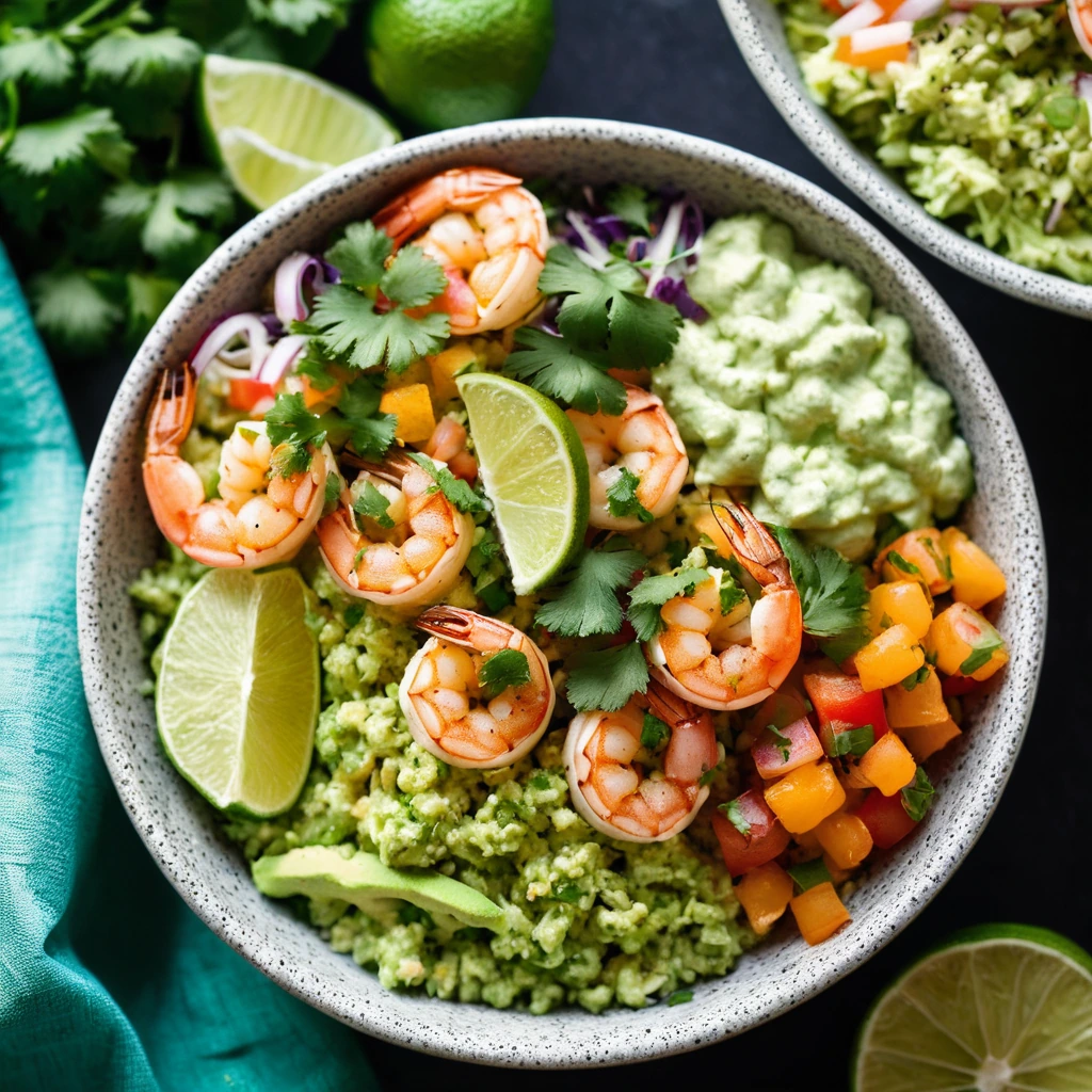A colorful bowl with lime-green guacamole, orange shrimp, and fresh cilantro, served over a bed of rice and beans.