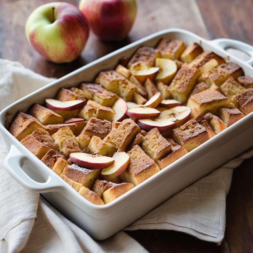 Golden-brown casserole with caramelized apple slices and a sprinkle of cinnamon on top, served in a rectangular baking dish.