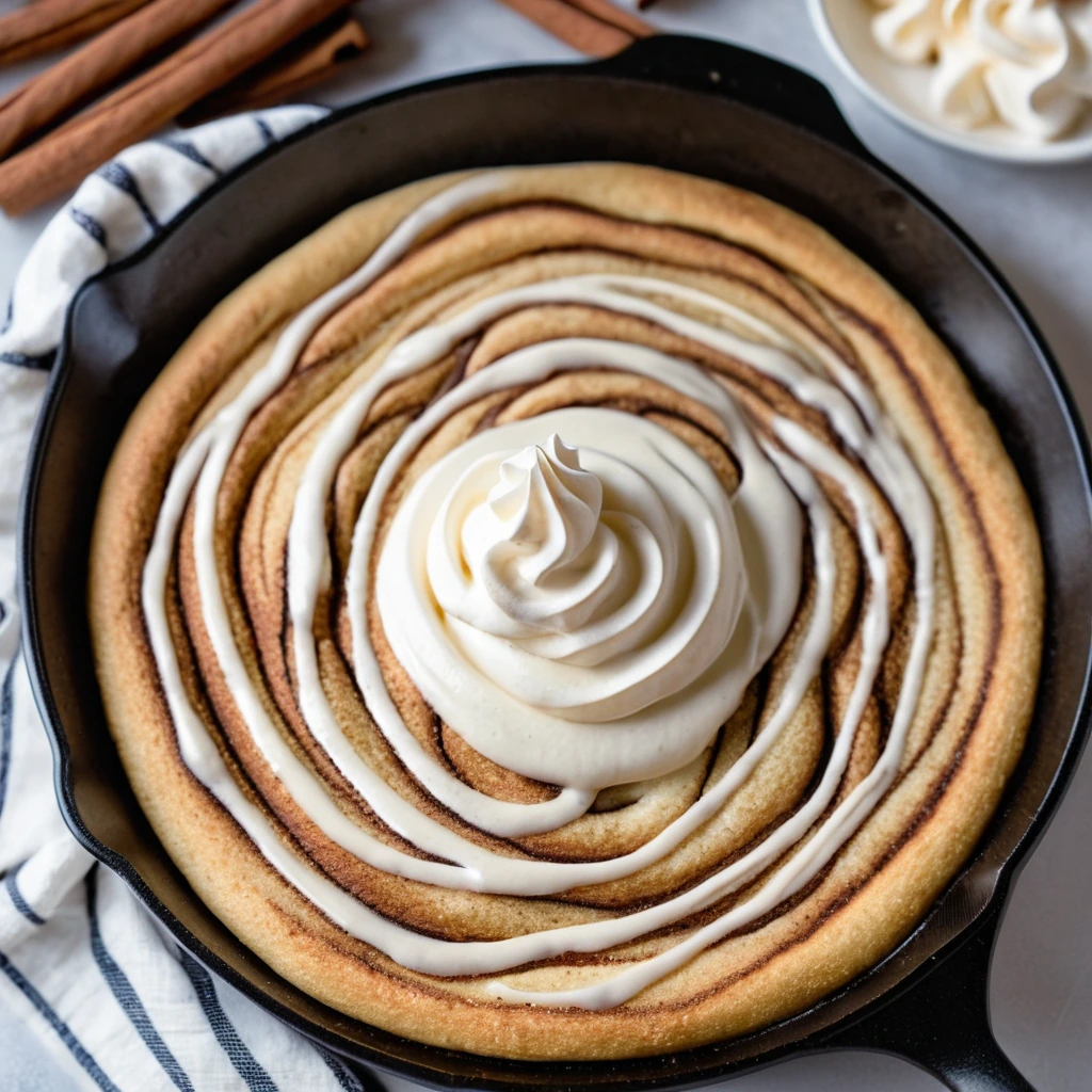Golden pancakes swirled with cinnamon and topped with a drizzle of cream cheese glaze in a cast-iron skillet.