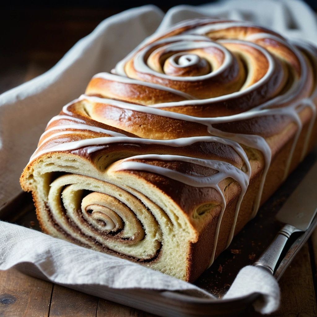 Golden loaf with swirls of cinnamon nestled in a rustic baker's dish