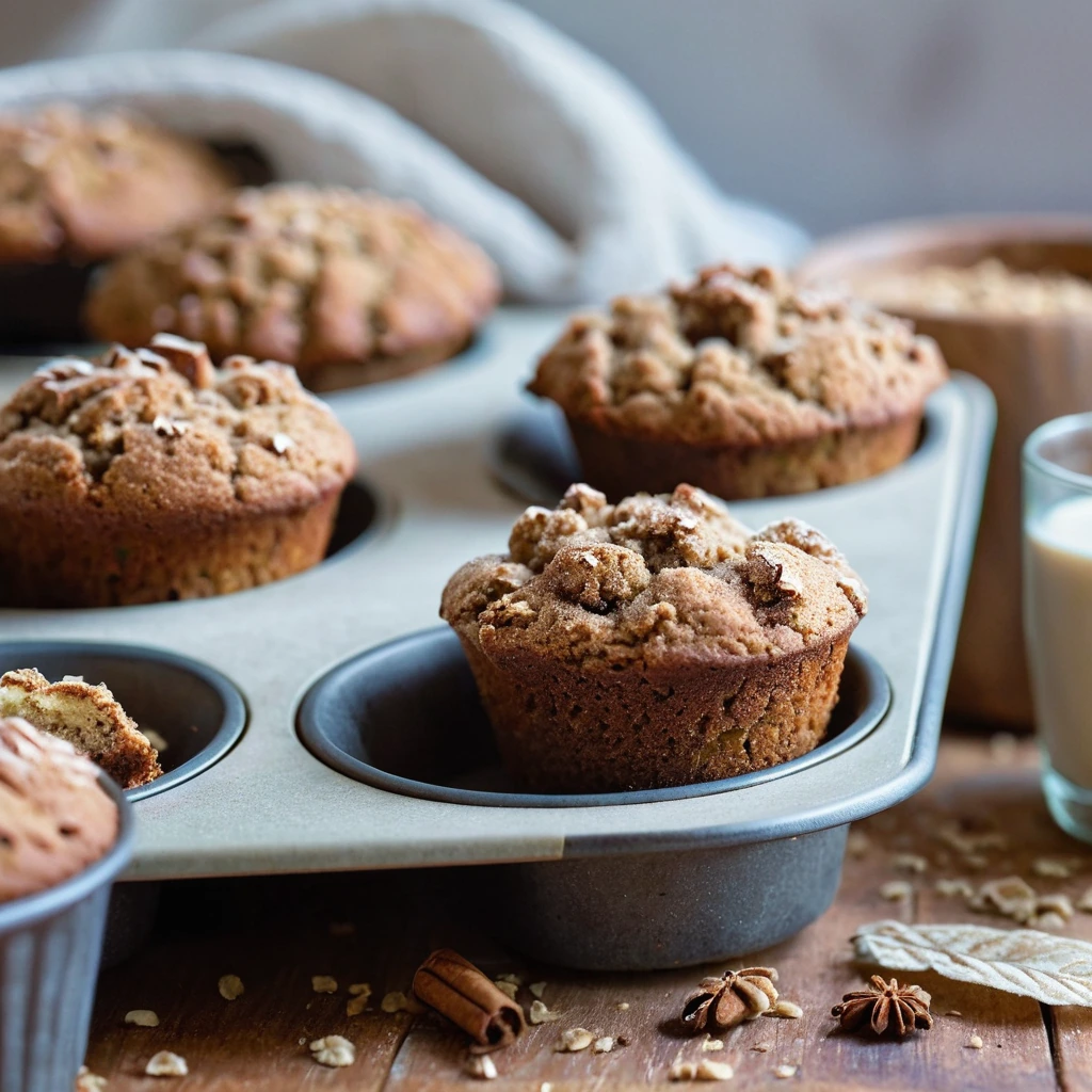 Golden muffins in a tray with a sprinkle of cinnamon streusel on top, arranged on a rustic wooden board.