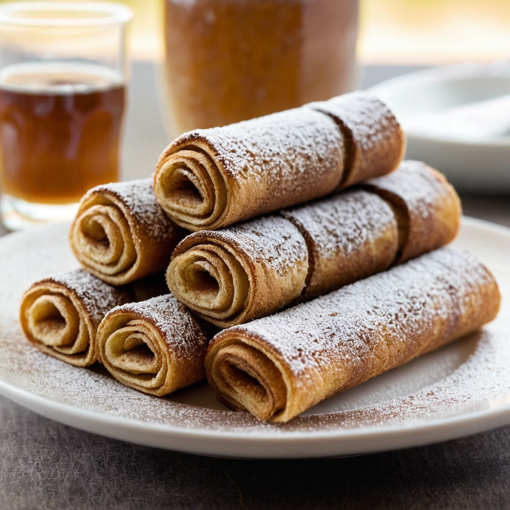 Golden-brown French toast roll-ups dusted with cinnamon sugar, drizzled with amber syrup on a white plate.