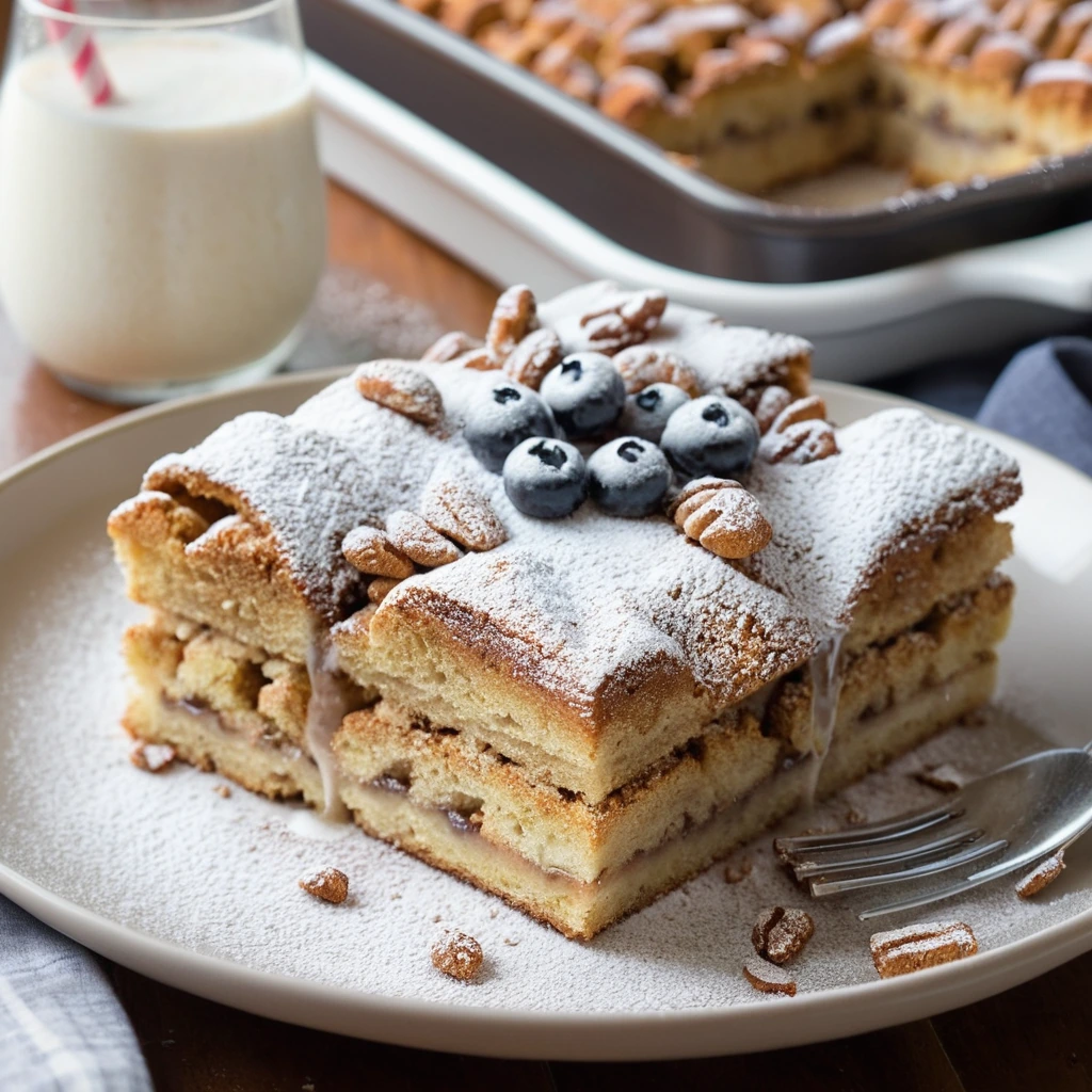 Golden brown French toast bake topped with crispy Cinnamon Toast Crunch cereal and dusted with powdered sugar, served in a baking dish.