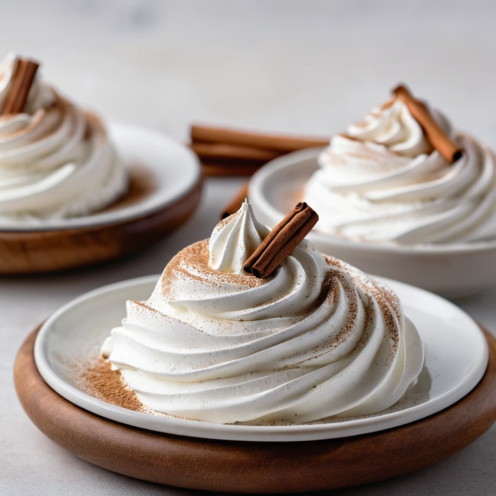Cloudy white whipped cream sprinkled with cinnamon in a dessert bowl