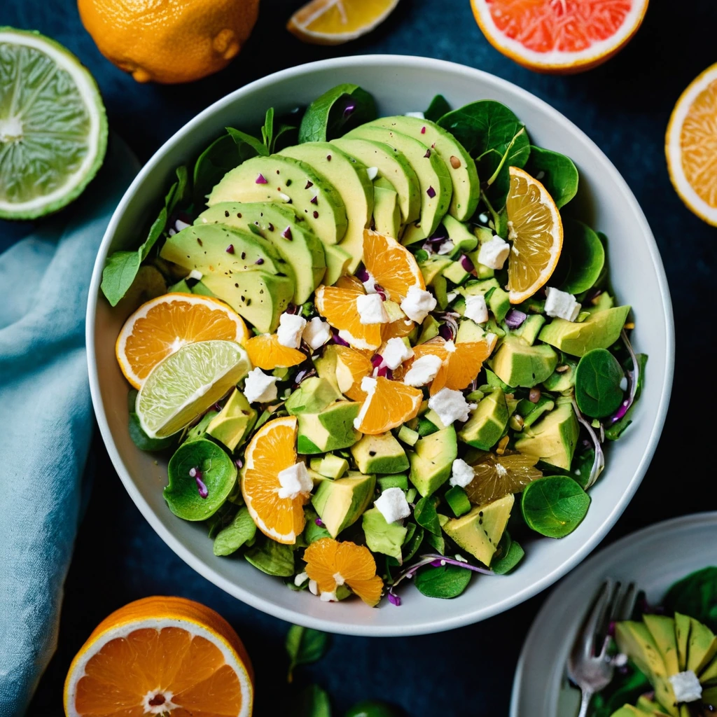Colorful chopped salad in a bowl with vibrant citrus segments, creamy avocado chunks, and sprinkled with green herbs.