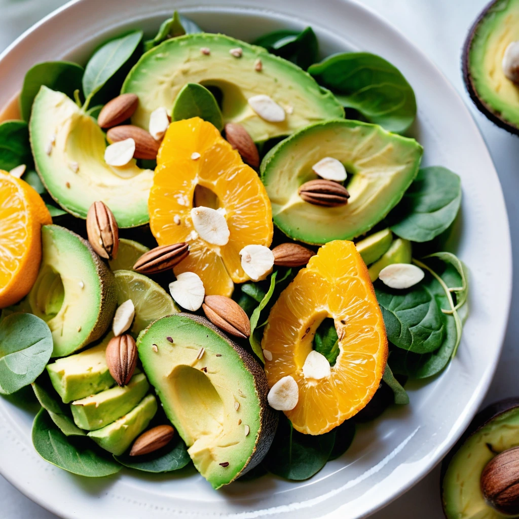 Colorful citrus slices and creamy avocado chunks over greens, topped with golden toasted almonds.