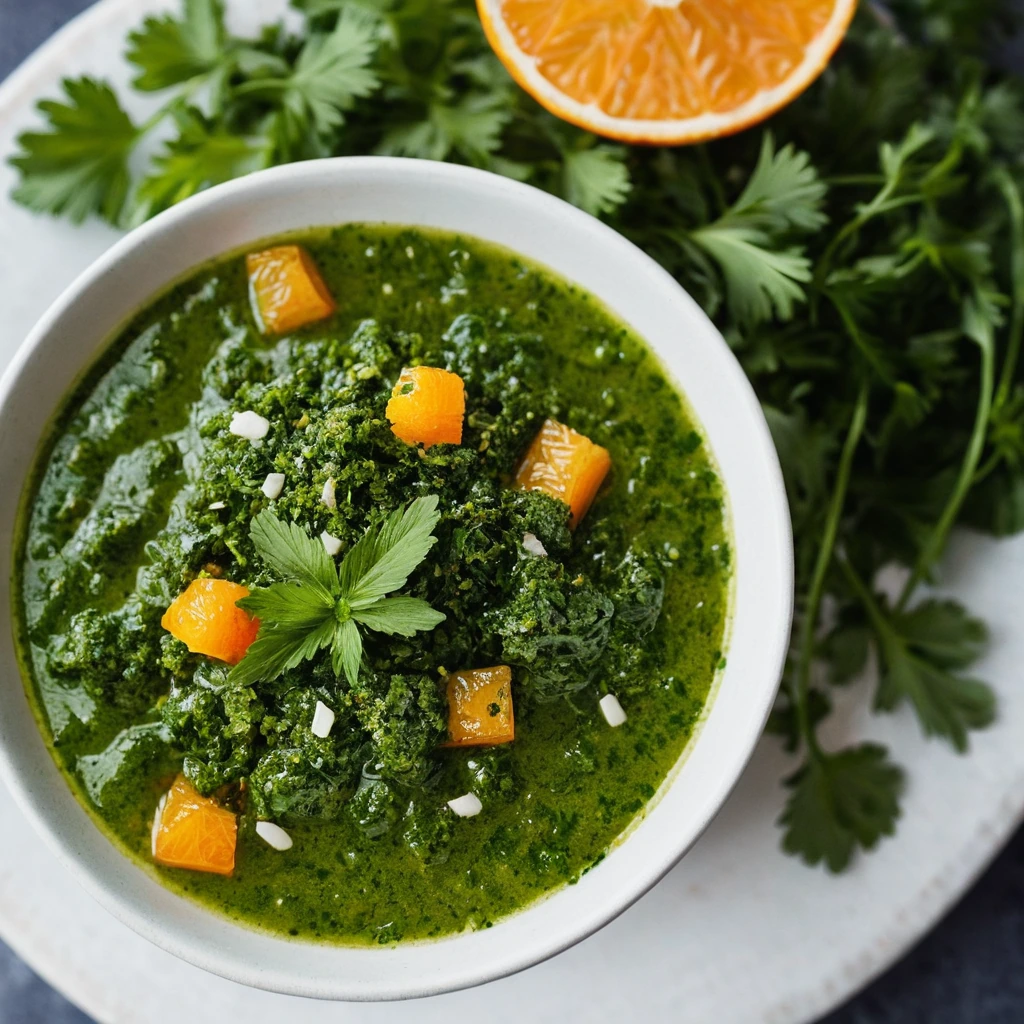 Green chimichurri sauce in a bowl with flecks of orange zest