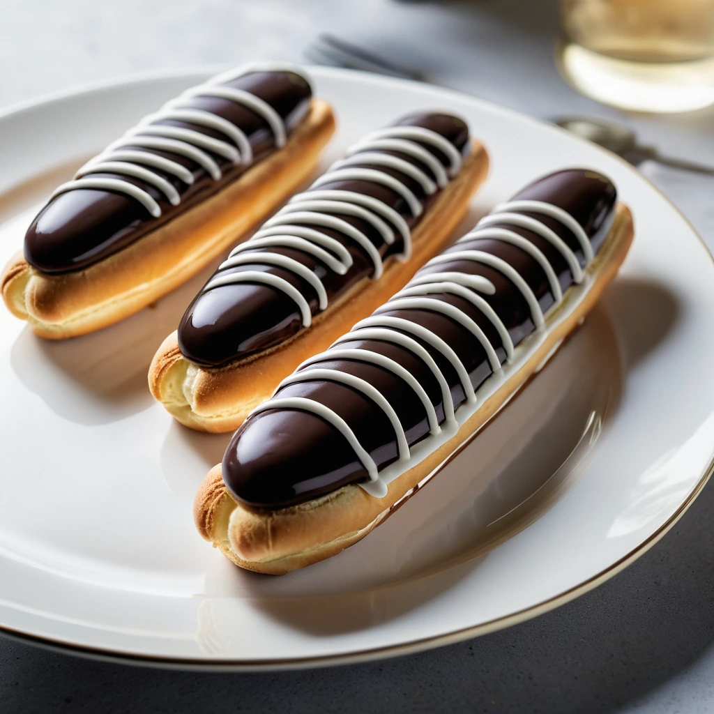 Six golden éclairs on a white plate, filled with creamy white filling and drizzled with dark chocolate glaze.