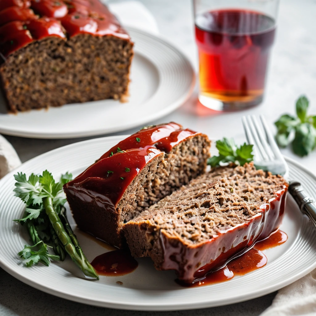 Slice of golden-brown meatloaf on a white plate, topped with a glossy tomato glaze and a sprinkle of parsley.