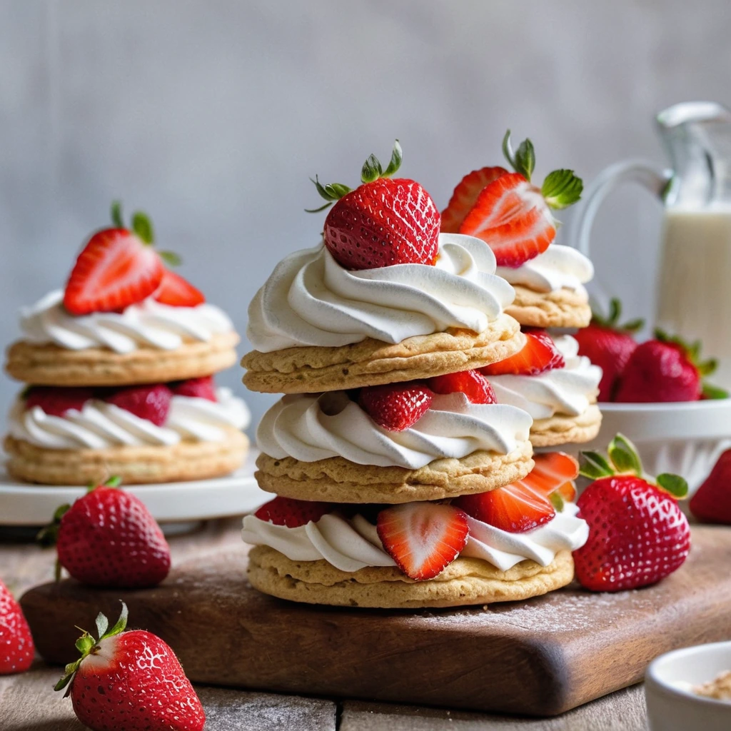Stacked golden biscuits with fresh sliced strawberries and whipped cream on a rustic wooden board.
