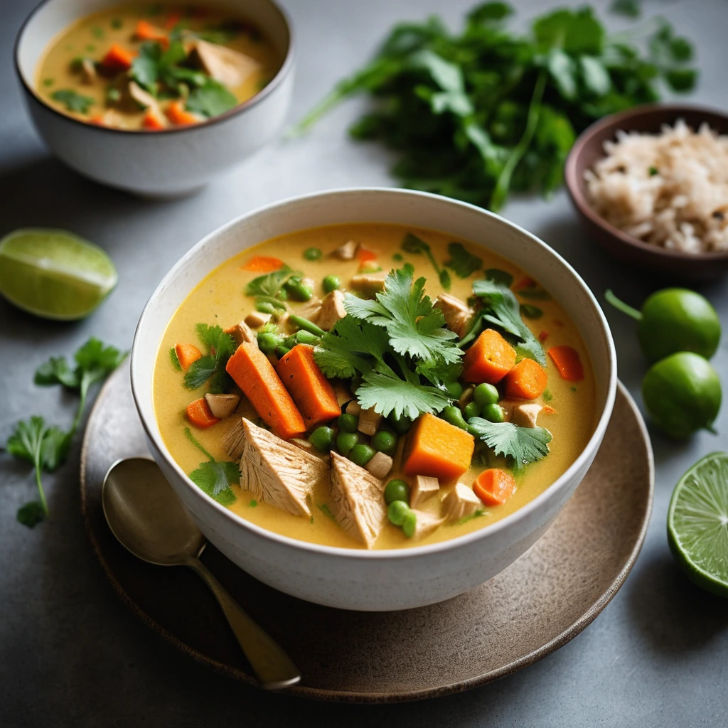 Creamy golden soup in a bowl with chunks of chicken, carrots, and peas, garnished with cilantro.