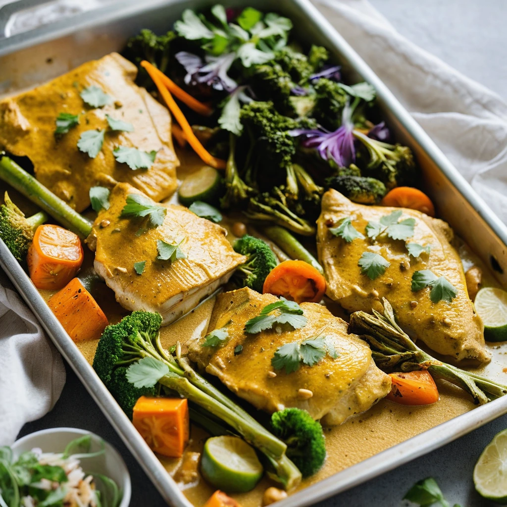 Colorful roasted vegetables and chicken thighs on a sheet pan drizzled with golden curry sauce.