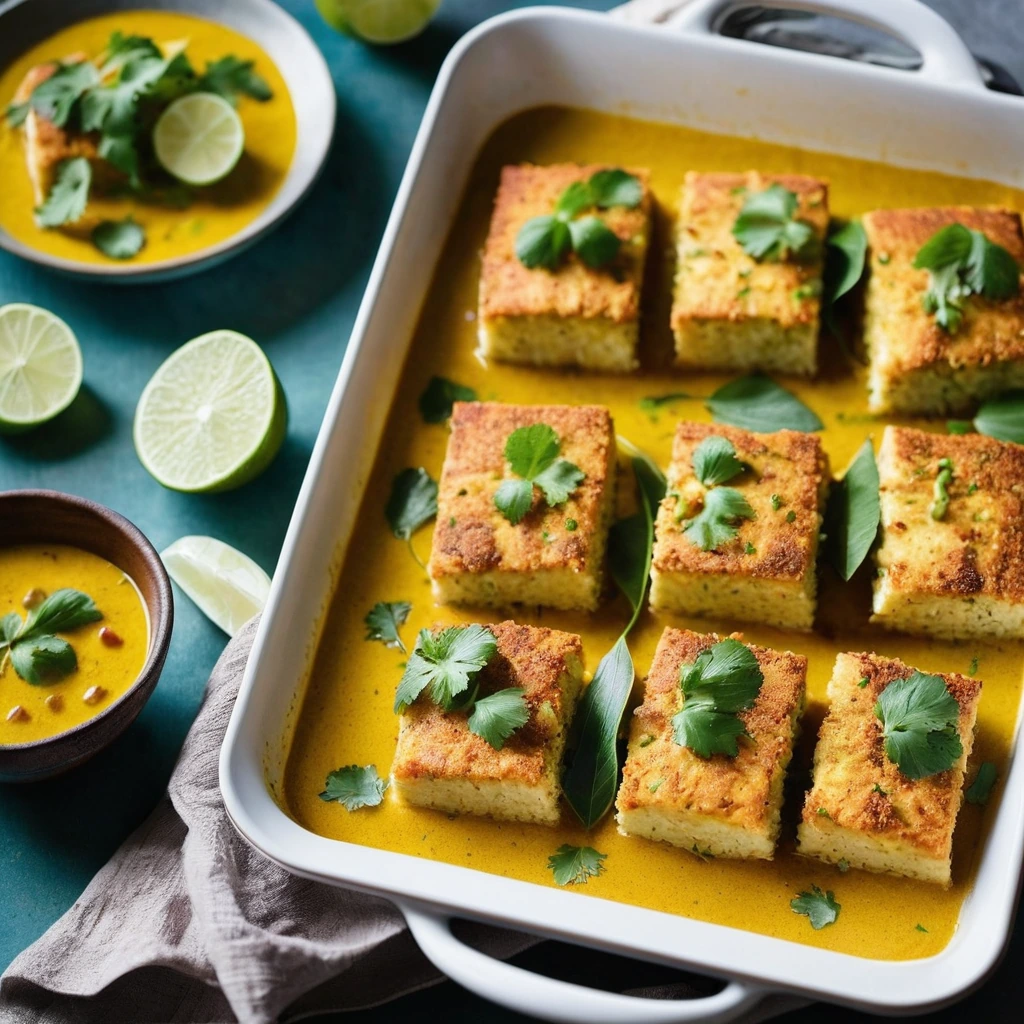 Golden cod fillets surrounded by vibrant yellow curry sauce and colorful veggies on a baking tray.