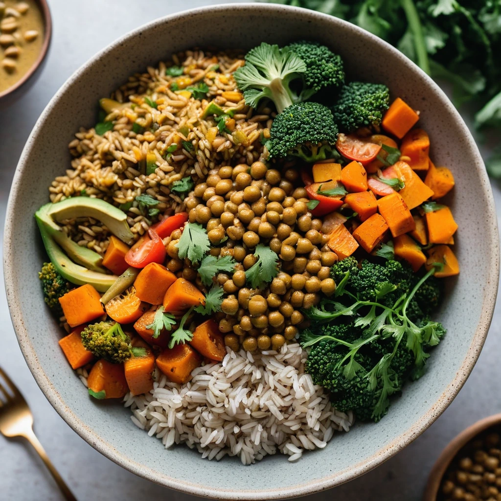 Golden curry in a large bowl with green broccoli, red bell peppers, and orange carrots over a bed of fluffy brown rice.