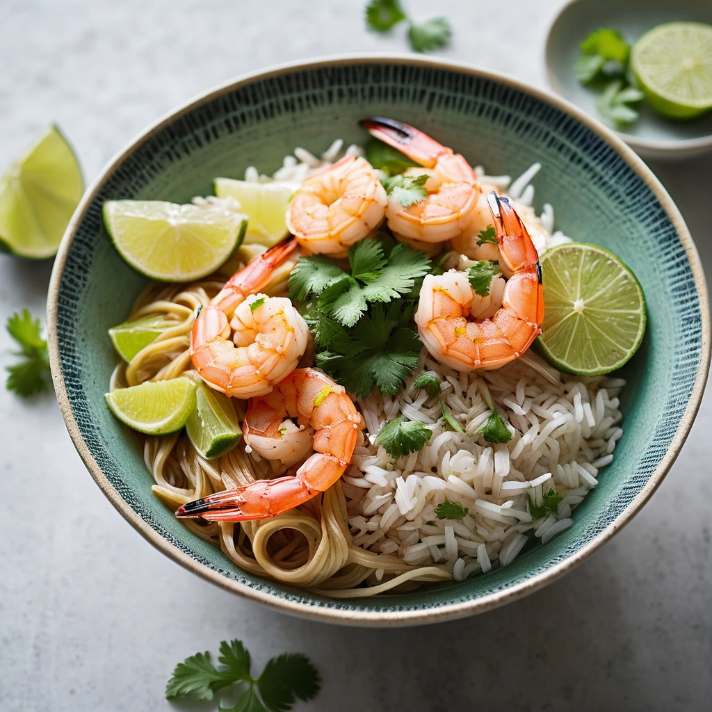 Golden coconut curry with pink shrimp over rice noodles in a bowl, garnished with cilantro and lime.
