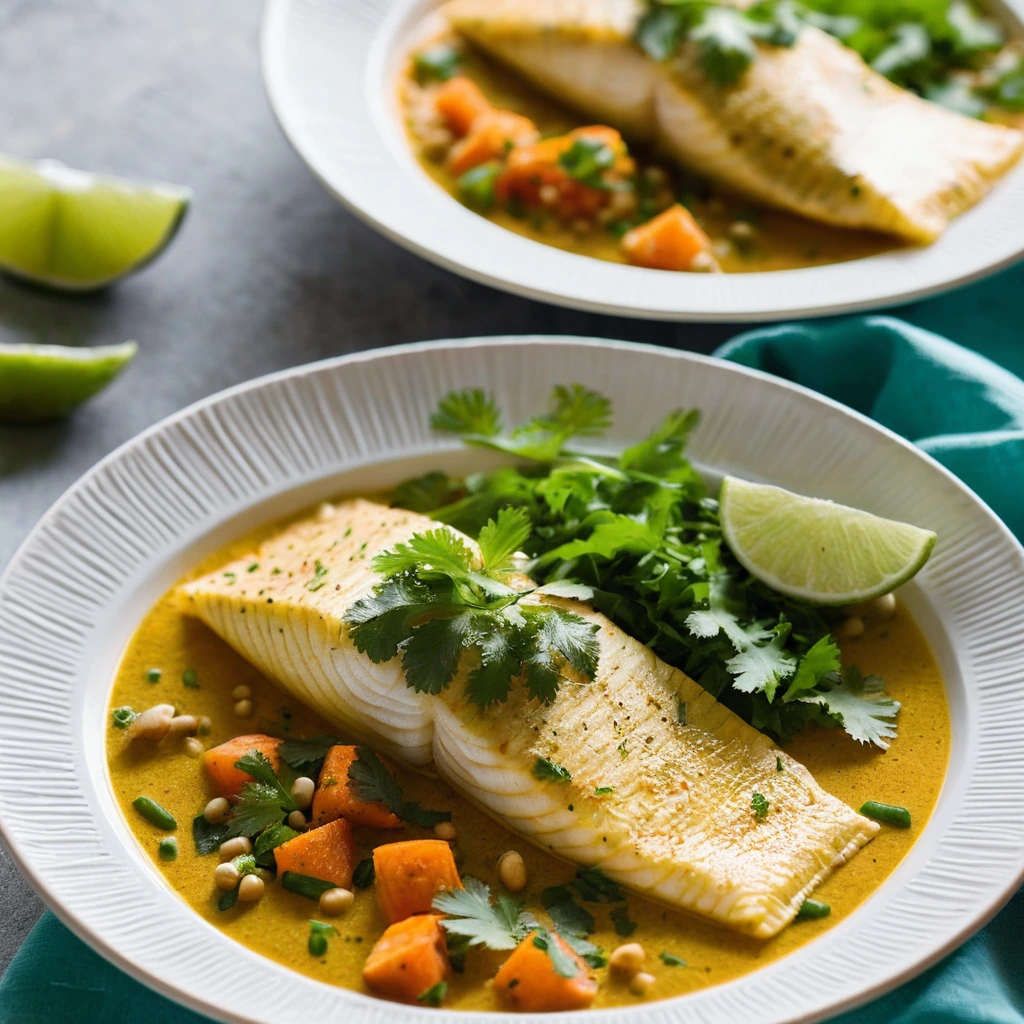 Golden tilapia fillets in orange coconut curry sauce, garnished with fresh cilantro, served in parchment packets.
