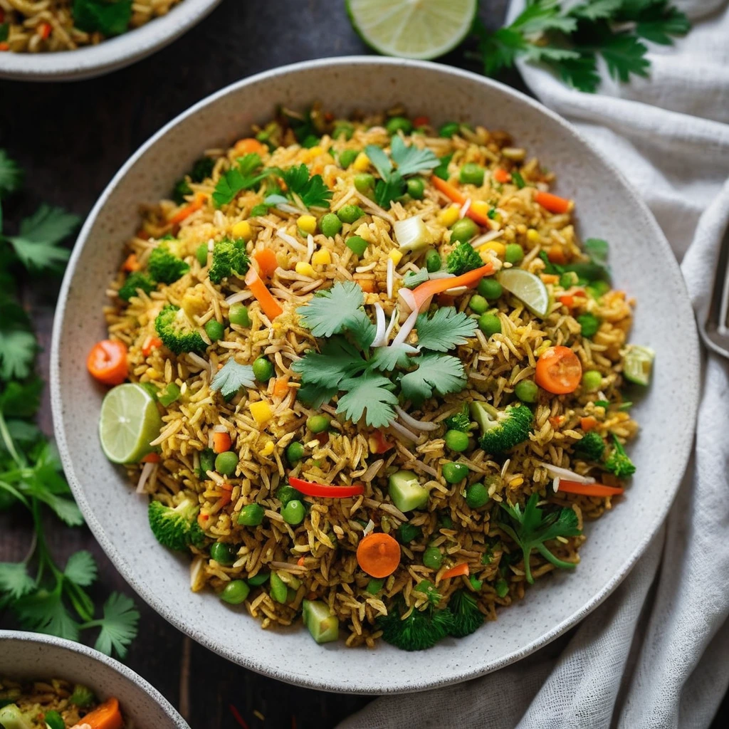 Golden fried rice in a bowl, speckled with colorful veggies and garnished with fresh cilantro.